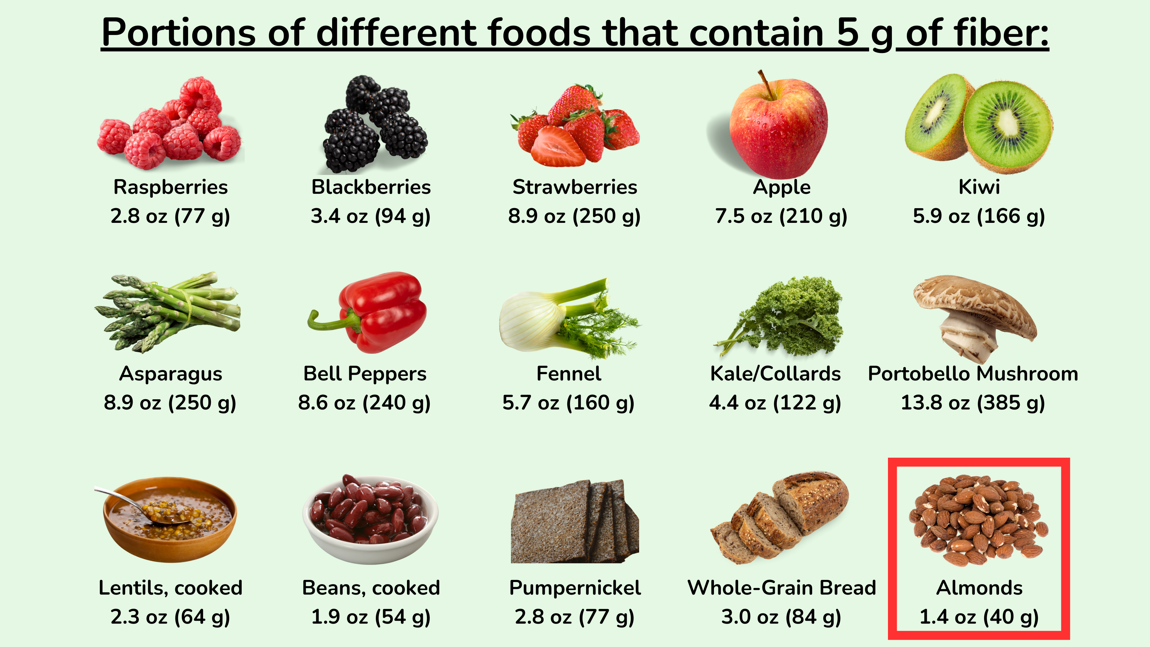 含有 5 克纤维的不同食物的份量